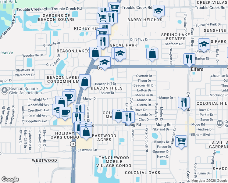 map of restaurants, bars, coffee shops, grocery stores, and more near 4834 Salem Drive in Port Richey