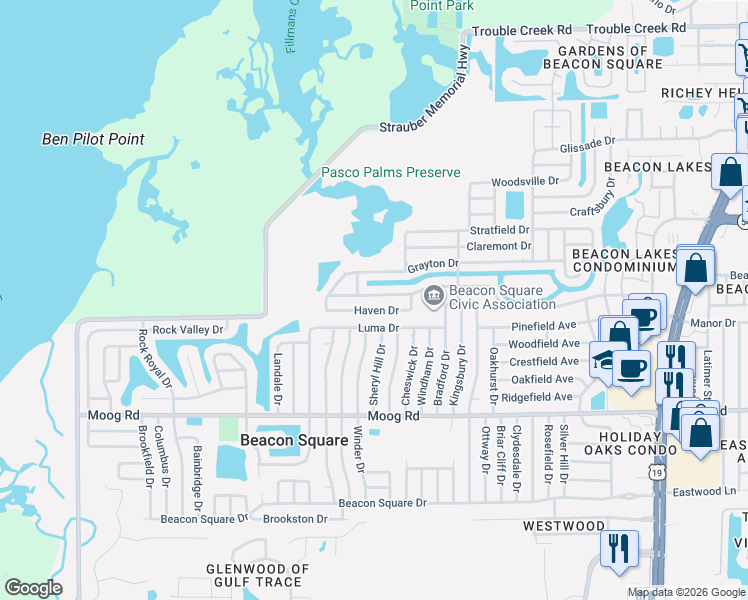 map of restaurants, bars, coffee shops, grocery stores, and more near 3735 Haven Drive in Port Richey