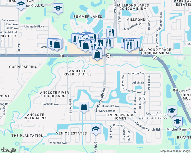 map of restaurants, bars, coffee shops, grocery stores, and more near 7227 Carmel Avenue in New Port Richey