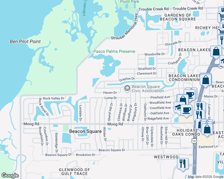 map of restaurants, bars, coffee shops, grocery stores, and more near 3735 Haven Drive in Port Richey