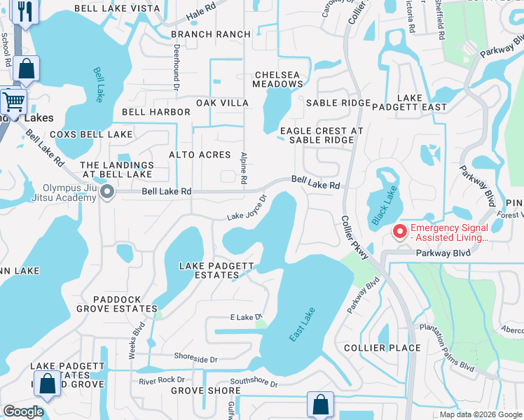 map of restaurants, bars, coffee shops, grocery stores, and more near 3964 Lake Joyce Drive in Land O' Lakes