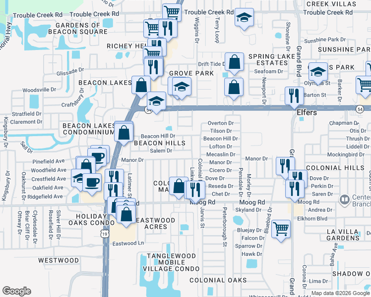 map of restaurants, bars, coffee shops, grocery stores, and more near 4934 Salem Drive in Port Richey
