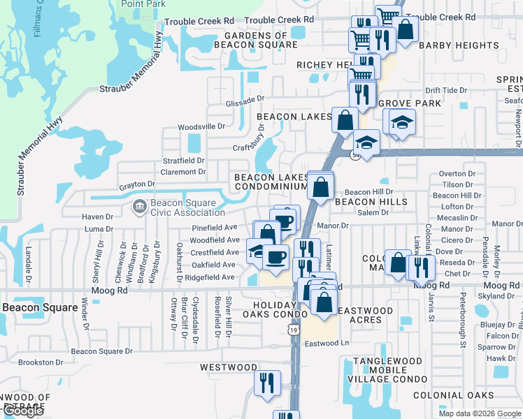 map of restaurants, bars, coffee shops, grocery stores, and more near 3734 Lighthouse Way in Holiday