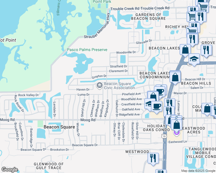 map of restaurants, bars, coffee shops, grocery stores, and more near 4003 Bancroft Drive in Holiday