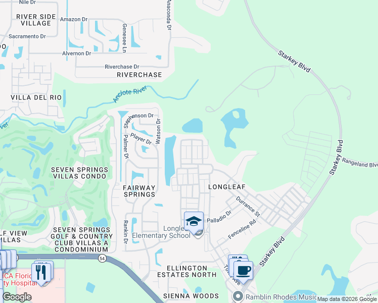 map of restaurants, bars, coffee shops, grocery stores, and more near 3730 Herlong Street in New Port Richey