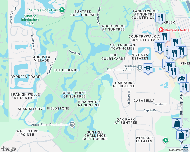 map of restaurants, bars, coffee shops, grocery stores, and more near 801 Willow Creek Lane in Melbourne