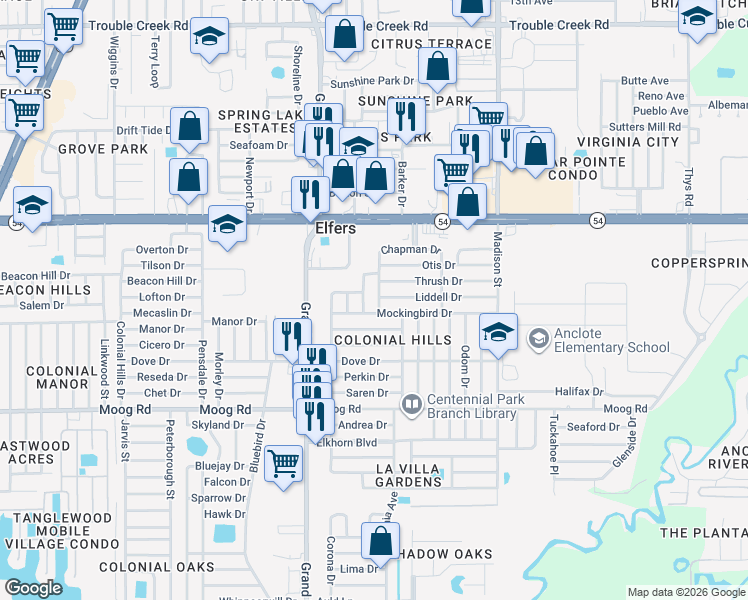 map of restaurants, bars, coffee shops, grocery stores, and more near 3735 Chaffey Drive in Port Richey