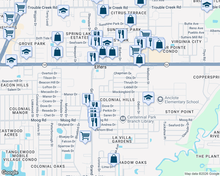 map of restaurants, bars, coffee shops, grocery stores, and more near 3735 Chaffey Drive in Port Richey