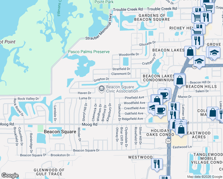map of restaurants, bars, coffee shops, grocery stores, and more near 4009 Bancroft Drive in Holiday