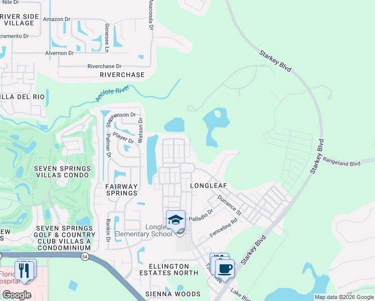 map of restaurants, bars, coffee shops, grocery stores, and more near 3734 Dogtrot Street in New Port Richey