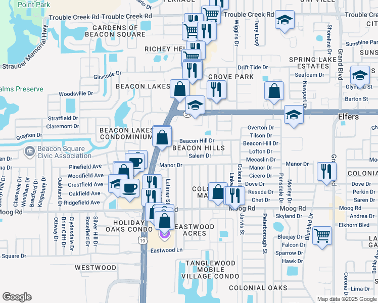 map of restaurants, bars, coffee shops, grocery stores, and more near 3750 Burden Street in New Port Richey