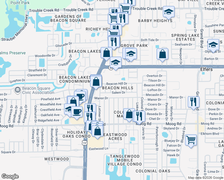 map of restaurants, bars, coffee shops, grocery stores, and more near 3750 Burden Street in New Port Richey