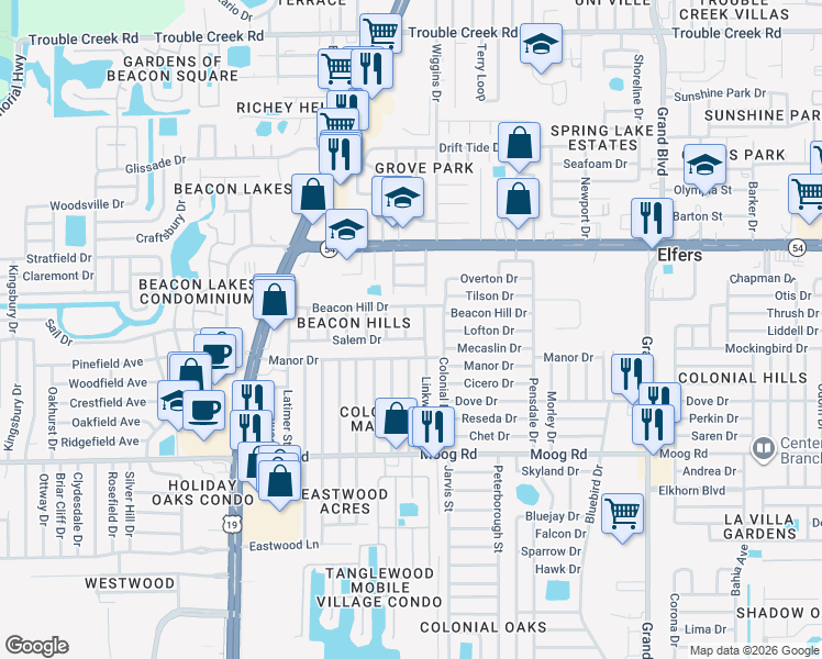 map of restaurants, bars, coffee shops, grocery stores, and more near 3750 Carron Street in New Port Richey