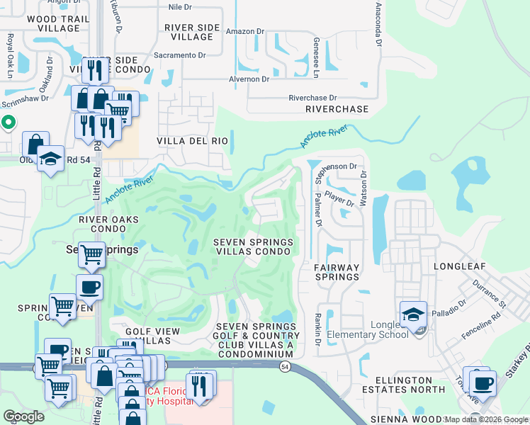 map of restaurants, bars, coffee shops, grocery stores, and more near 9606 Brassie Court in New Port Richey
