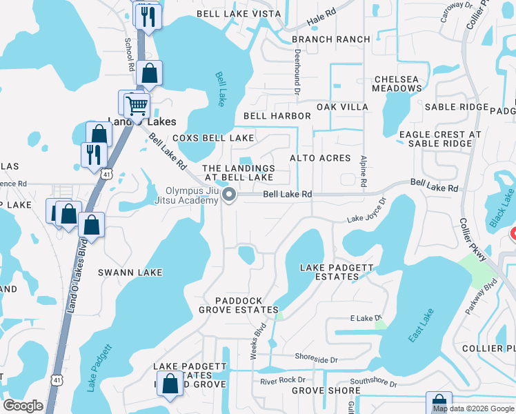 map of restaurants, bars, coffee shops, grocery stores, and more near 22126 Rosewall Court in Land O' Lakes