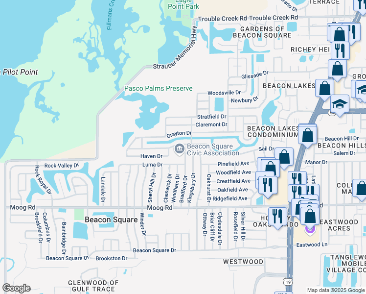 map of restaurants, bars, coffee shops, grocery stores, and more near 3741 Bradford Drive in Holiday