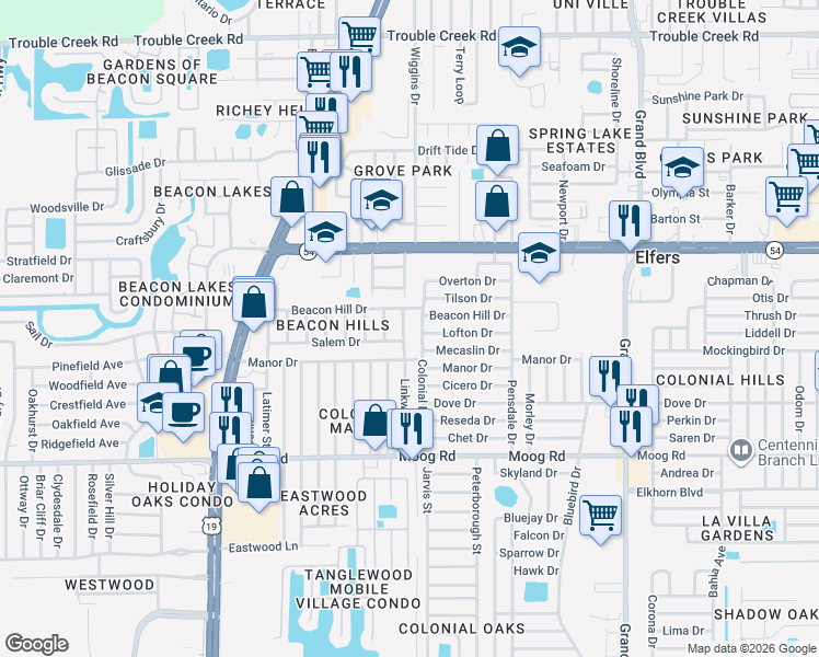 map of restaurants, bars, coffee shops, grocery stores, and more near 4934 Salem Drive in Port Richey