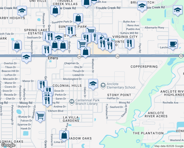 map of restaurants, bars, coffee shops, grocery stores, and more near 5945 Liddell Drive in New Port Richey