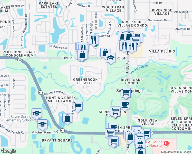 map of restaurants, bars, coffee shops, grocery stores, and more near 8703 Woodbridge Drive in New Port Richey
