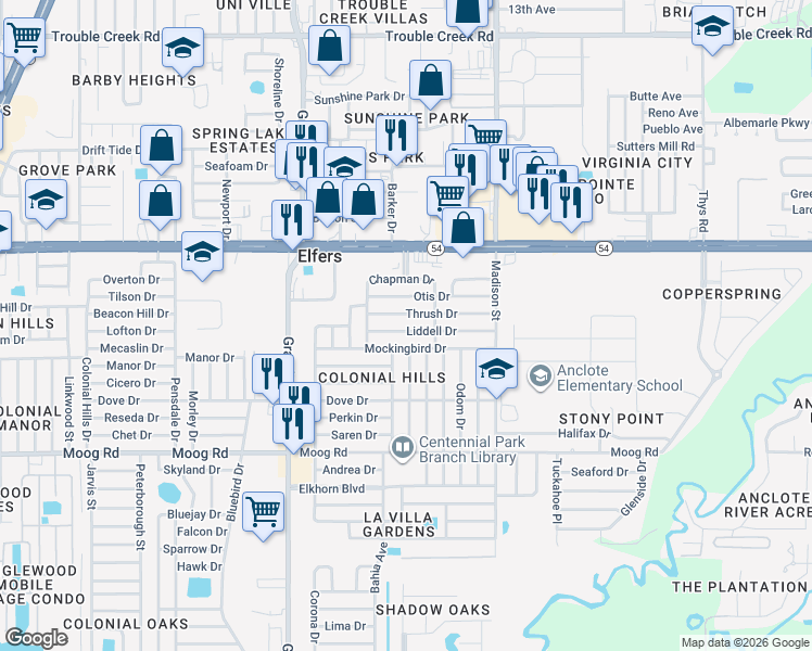 map of restaurants, bars, coffee shops, grocery stores, and more near 5738 Otis Drive in Port Richey