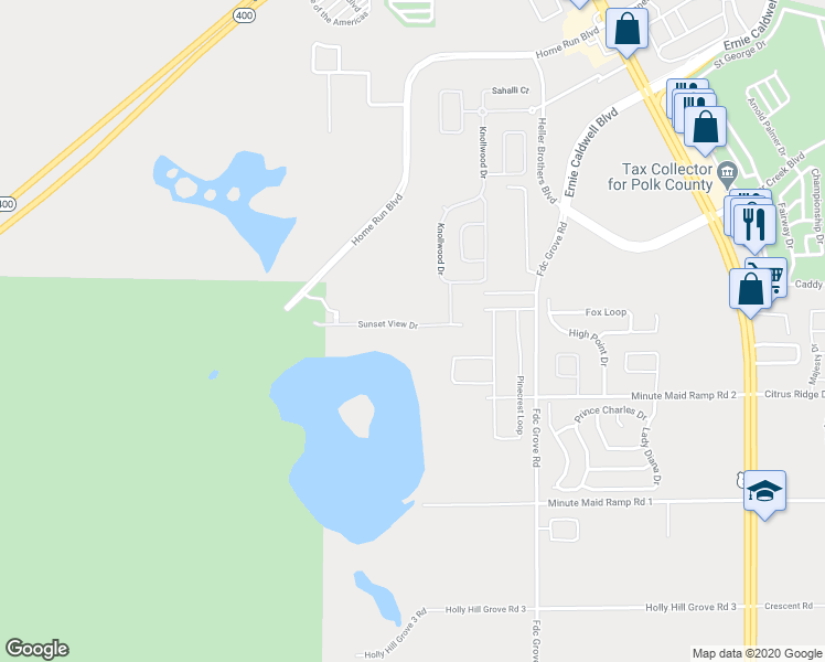 map of restaurants, bars, coffee shops, grocery stores, and more near 258 Sunset View Drive in Davenport