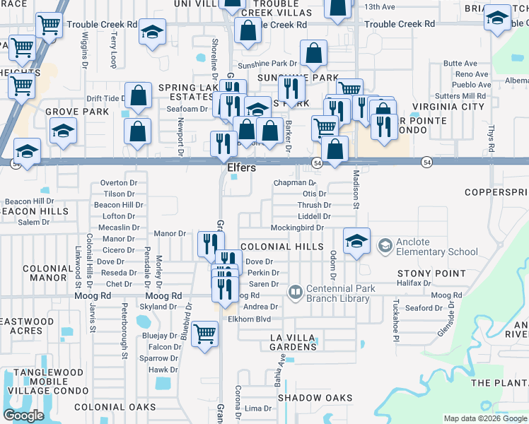 map of restaurants, bars, coffee shops, grocery stores, and more near 3835 Chaffey Drive in New Port Richey