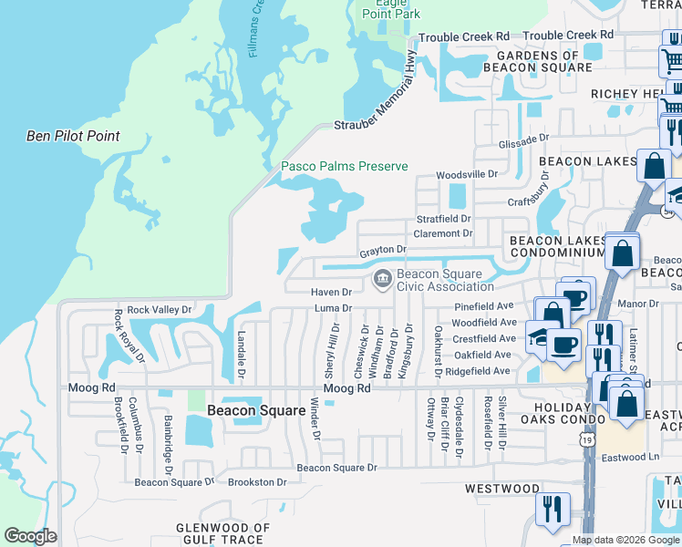 map of restaurants, bars, coffee shops, grocery stores, and more near 3739 Grayton Drive in New Port Richey