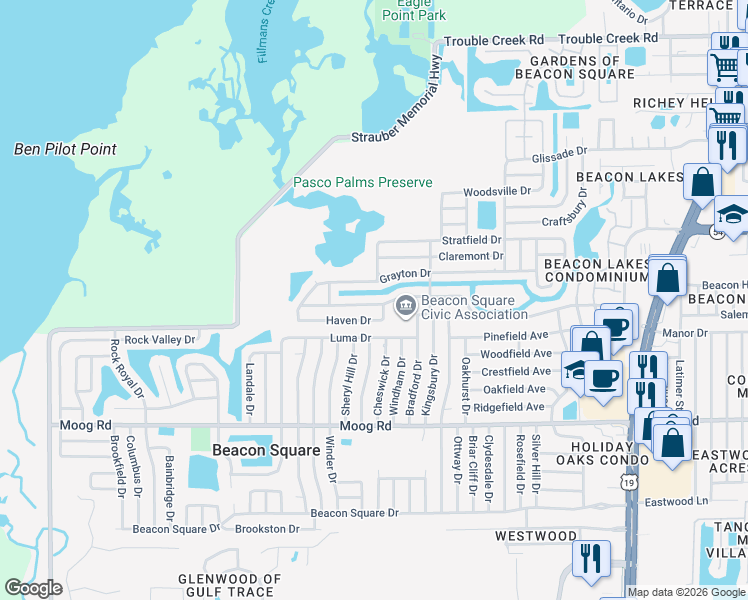 map of restaurants, bars, coffee shops, grocery stores, and more near 3834 Grayton Drive in New Port Richey