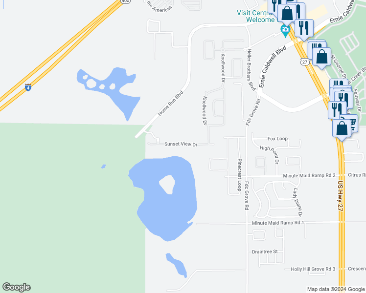 map of restaurants, bars, coffee shops, grocery stores, and more near 361 Sunset View Drive in Davenport
