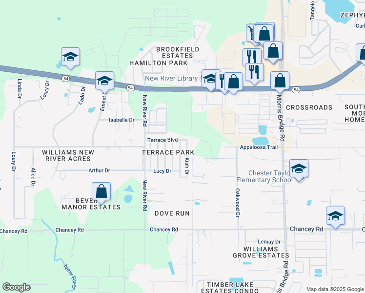 map of restaurants, bars, coffee shops, grocery stores, and more near 33913 Terrace Boulevard in Zephyrhills