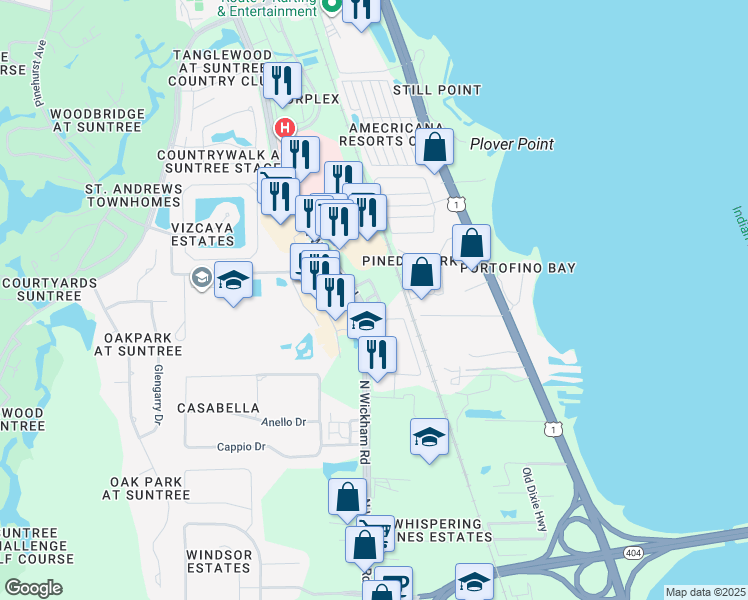 map of restaurants, bars, coffee shops, grocery stores, and more near 6315 North Wickham Road in Melbourne