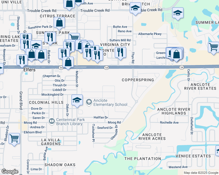 map of restaurants, bars, coffee shops, grocery stores, and more near 6100-6298 Highway 54 in New Port Richey
