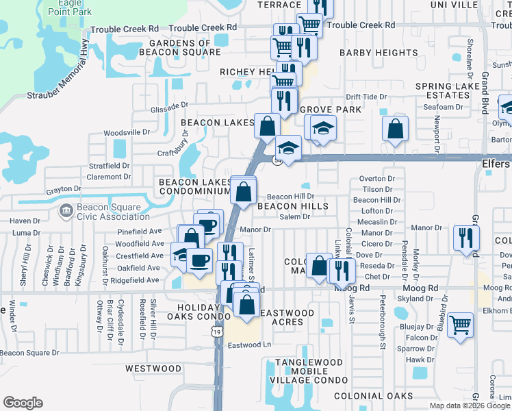 map of restaurants, bars, coffee shops, grocery stores, and more near 3808 Latimer St in New Port Richey