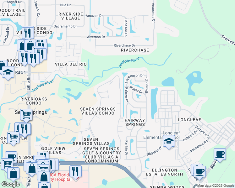 map of restaurants, bars, coffee shops, grocery stores, and more near 3825 Teeside Drive in New Port Richey
