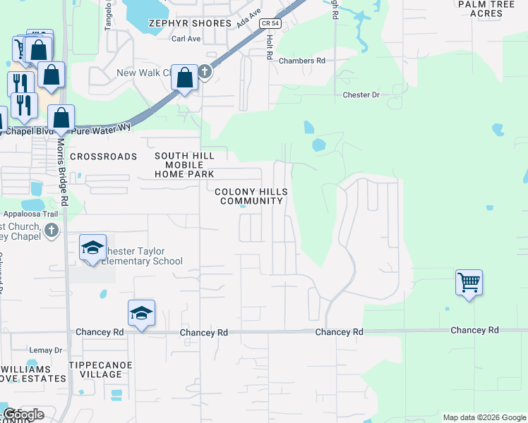 map of restaurants, bars, coffee shops, grocery stores, and more near 3922 William Hume Drive in Zephyrhills