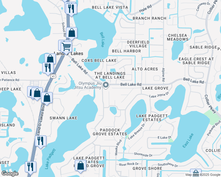 map of restaurants, bars, coffee shops, grocery stores, and more near 22025 Laver Lane in Land O' Lakes