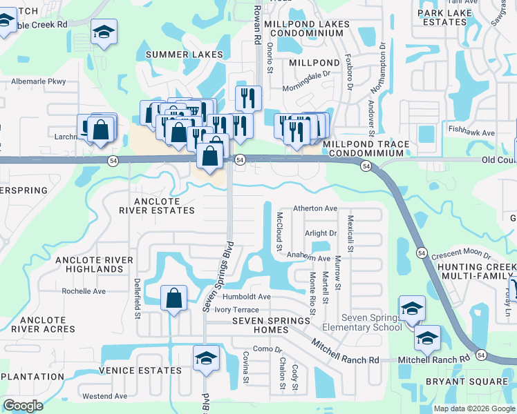 map of restaurants, bars, coffee shops, grocery stores, and more near 7445 Abington Avenue in New Port Richey