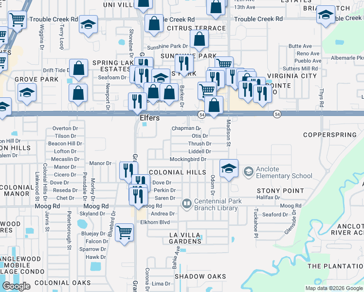map of restaurants, bars, coffee shops, grocery stores, and more near 5738 Otis Drive in Port Richey