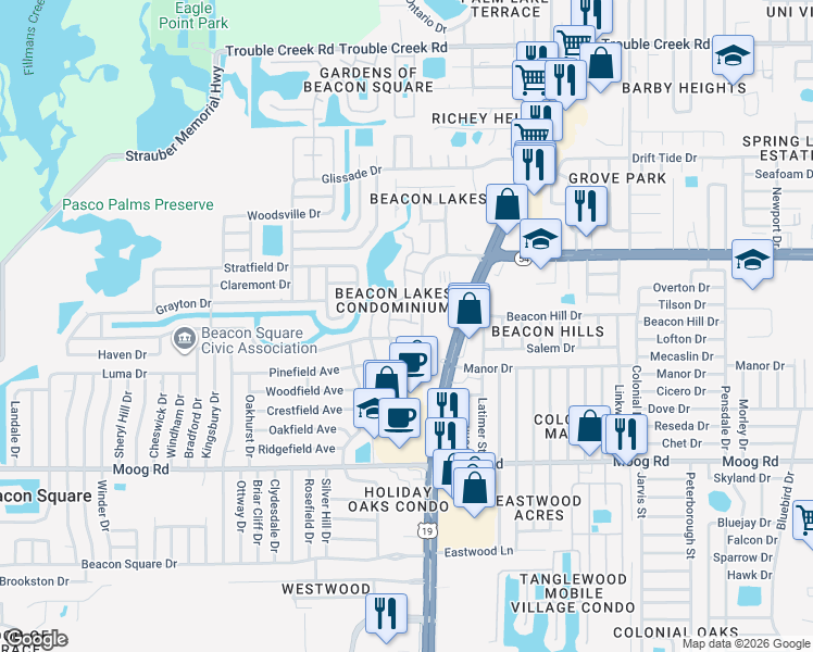 map of restaurants, bars, coffee shops, grocery stores, and more near 4440 Pelorus Drive in New Port Richey