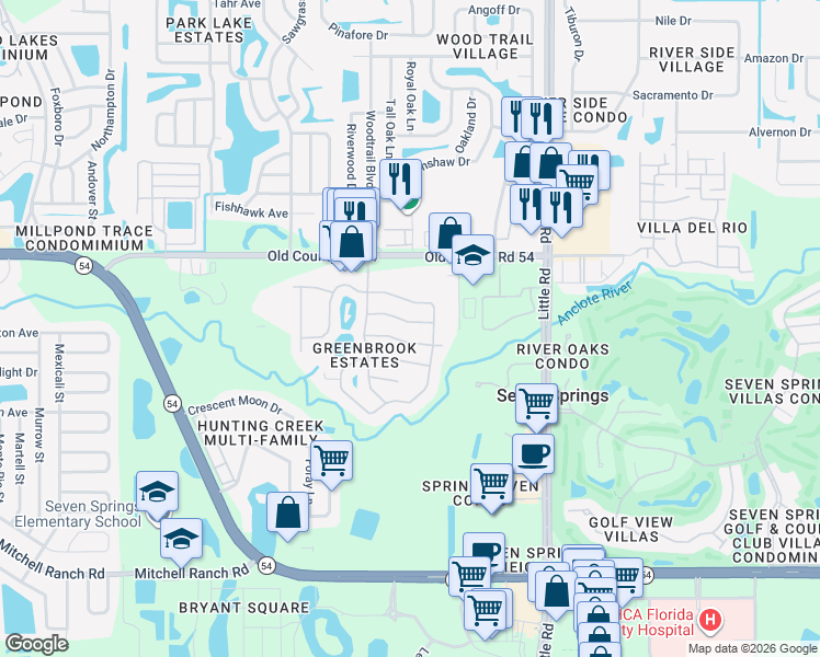 map of restaurants, bars, coffee shops, grocery stores, and more near 8701 Wind Mill Drive in New Port Richey