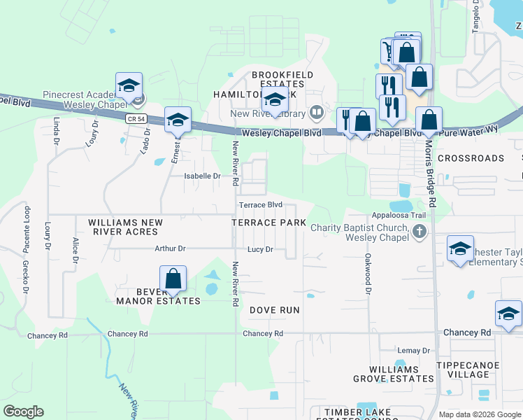 map of restaurants, bars, coffee shops, grocery stores, and more near 3931 Chris Drive in Wesley Chapel