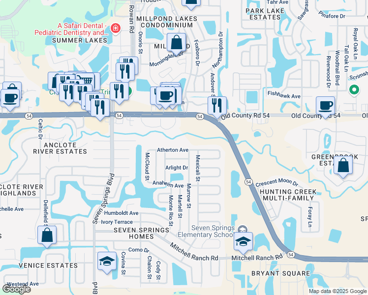 map of restaurants, bars, coffee shops, grocery stores, and more near 7733 Atherton Avenue in New Port Richey