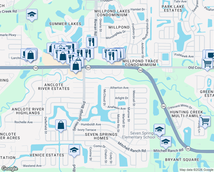 map of restaurants, bars, coffee shops, grocery stores, and more near 7607 Atherton Avenue in New Port Richey
