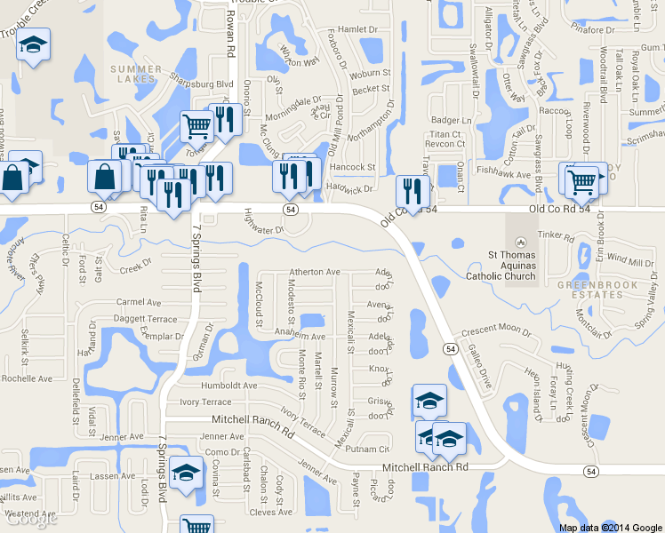 map of restaurants, bars, coffee shops, grocery stores, and more near 7747 Atherton Avenue in New Port Richey