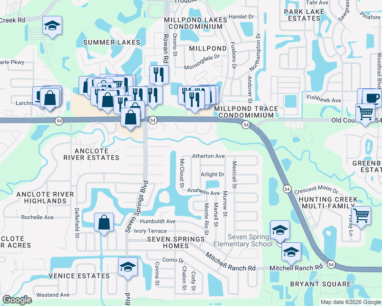 map of restaurants, bars, coffee shops, grocery stores, and more near 7607 Atherton Avenue in New Port Richey