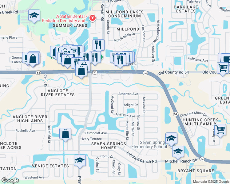 map of restaurants, bars, coffee shops, grocery stores, and more near 7527 Atherton Avenue in New Port Richey