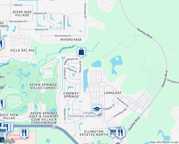 map of restaurants, bars, coffee shops, grocery stores, and more near 10101 Mizner Street in New Port Richey