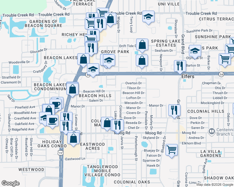 map of restaurants, bars, coffee shops, grocery stores, and more near 4933 Beacon Hill Drive in Port Richey
