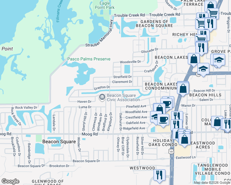 map of restaurants, bars, coffee shops, grocery stores, and more near 4025 Sail Drive in New Port Richey
