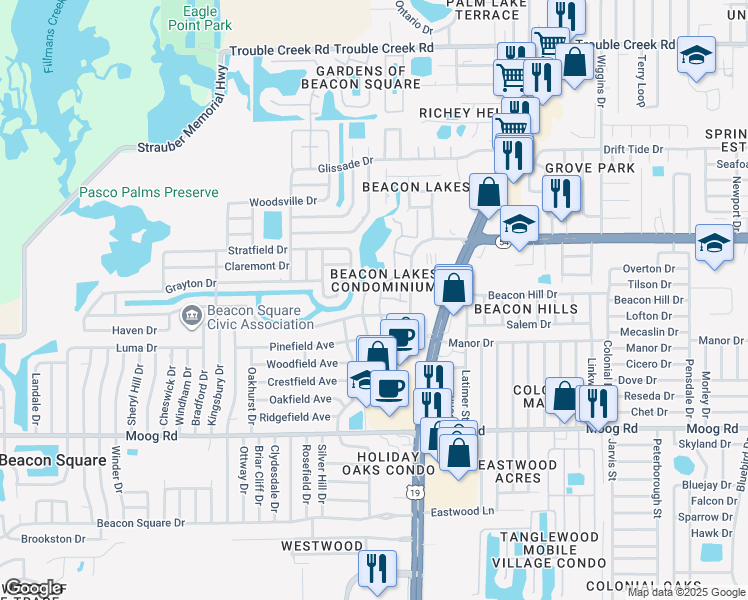 map of restaurants, bars, coffee shops, grocery stores, and more near 4227 Pelorus Drive in New Port Richey